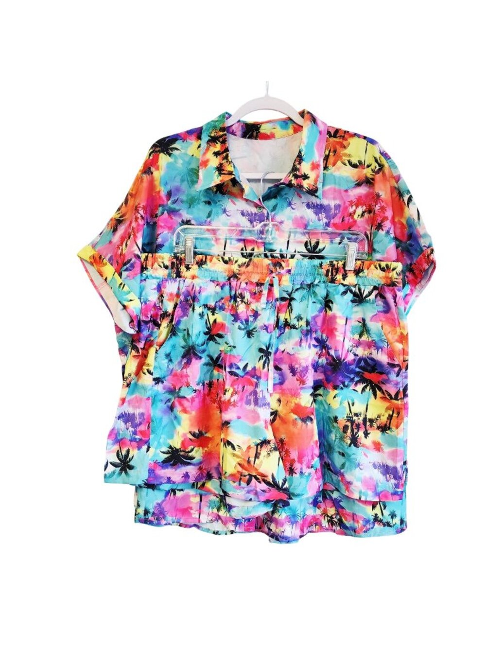 Hawaiian-Style Tropical Button-Up Shirt Shorts Set Vibrant Palm Tree Sunset 2XL